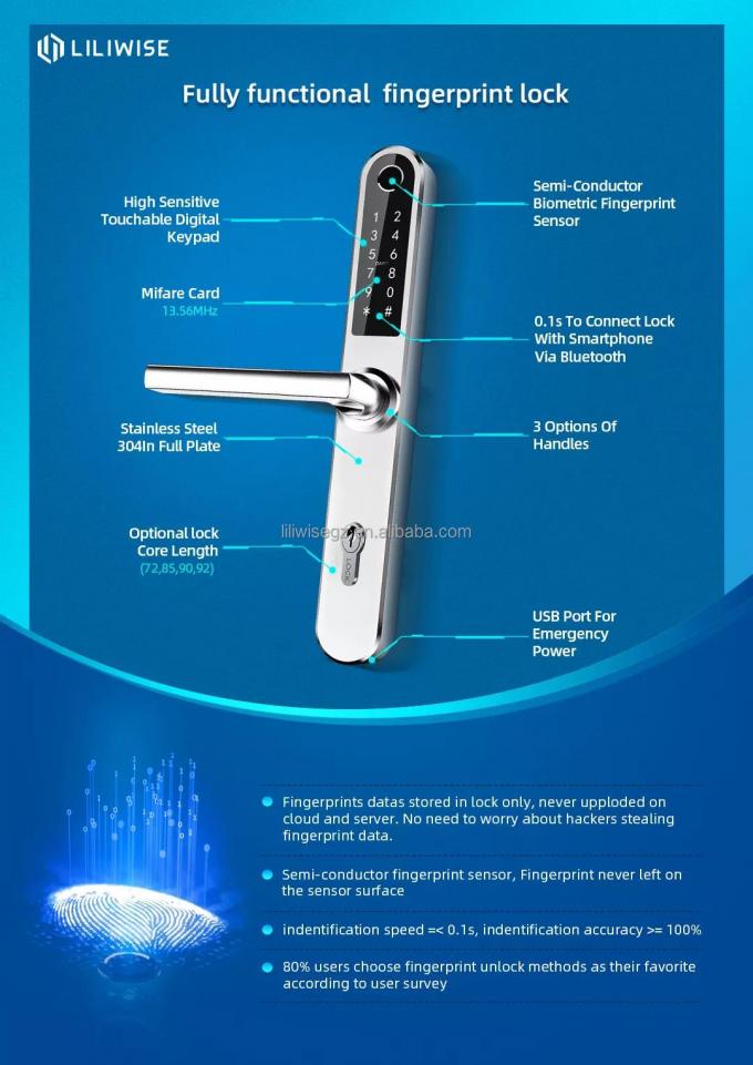 Liliwise Security Electronic Fingerprint Smart Digital Door Lock Outdoor Use Slim Aluminum Fingerprint Door Lock with APP 5