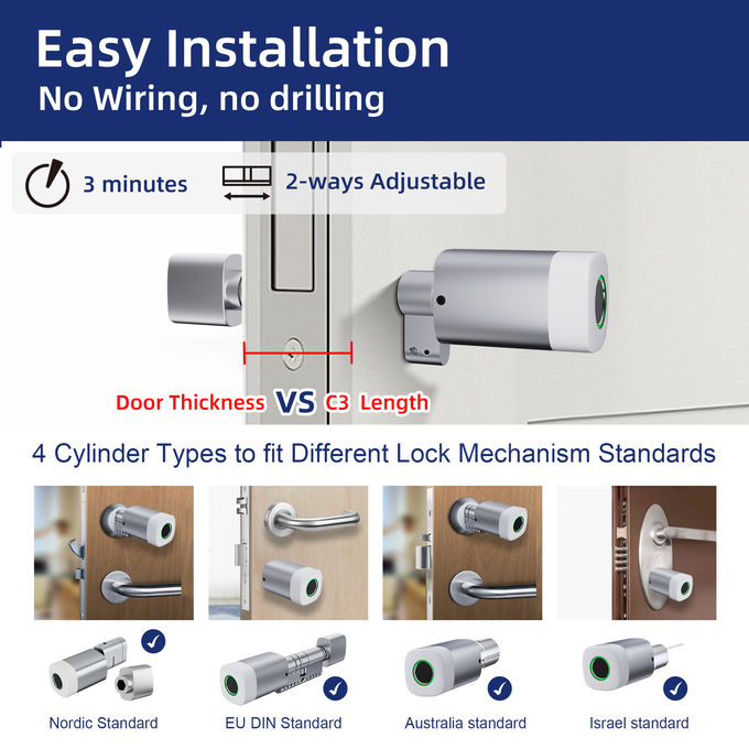 Liliwise 지문 RFID 카드 방수 도어락 조절 가능한 WiFi BLE Tuya Ttlock 스마트 실린더 락 (오래된 기계식 잠금 장치 교체용) 3